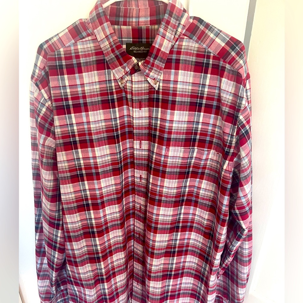 Eddie Bauer long sleeve plaid button down shirt. XLT